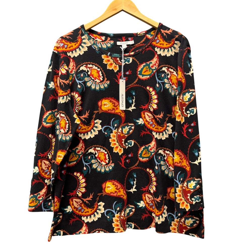 Chicos Everyday‎ Tee Womens XXL Pima Paisley Bright Ochre 3/4 Sleeve Knit NEW